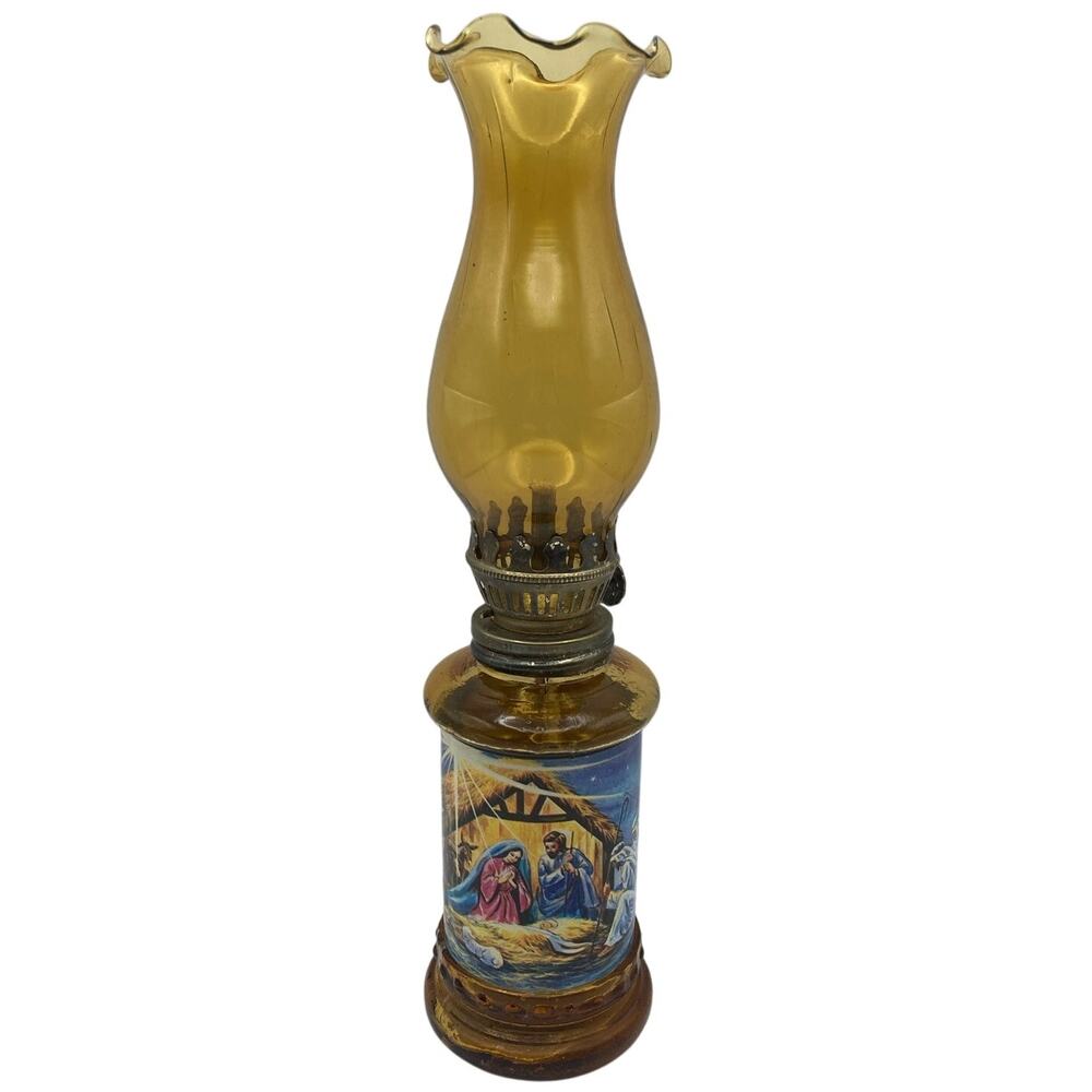 Vintage Lantern Nativity Scene Amber Glass Top Unused Wick-Adjuster-Hong Kong